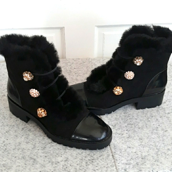 Nanette Lepore Shoes - Nanette Lepore boots in black faux fur and gold buttons